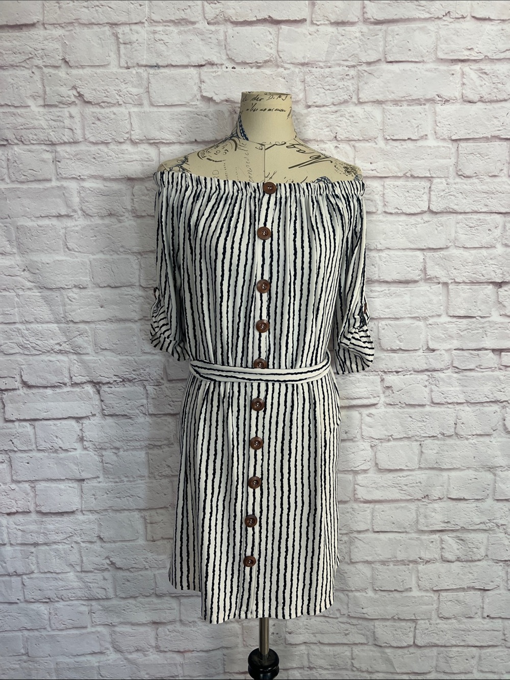 Striped Off-Shoulder Button-Front Dress - White/Navy